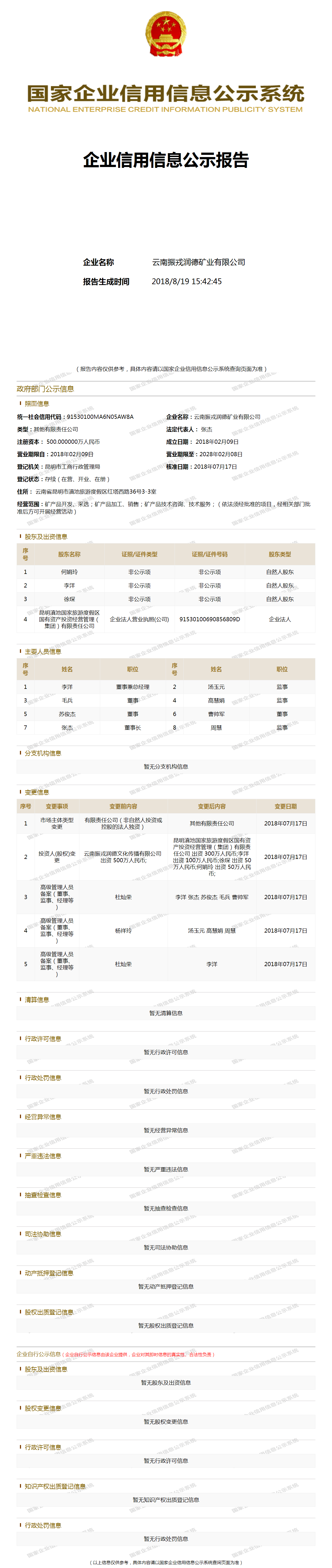 云南振戎润德矿业有限公司 工商官网信息快照