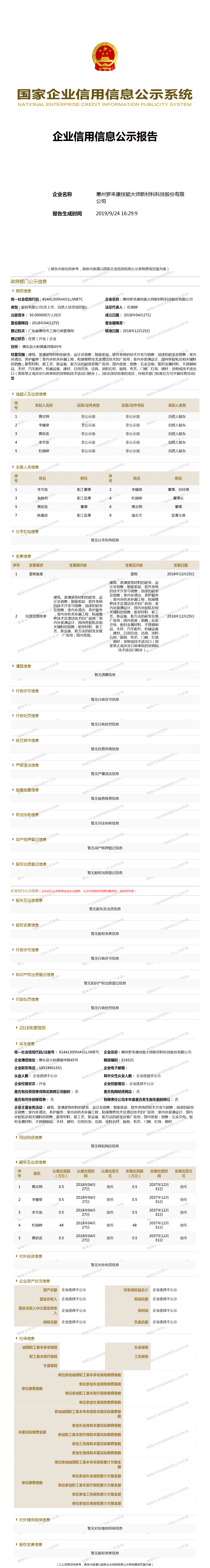 惠州罗来康技能大师新材料科技股份有限公司 工商官网信息快照