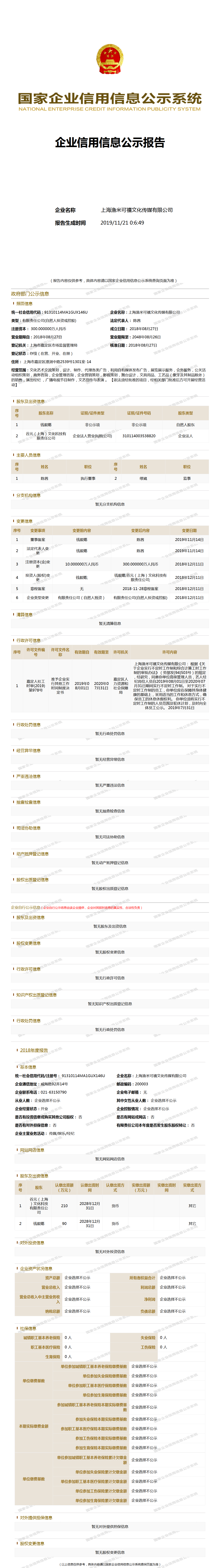上海渔米可禧文化传媒有限公司 - 工商官网信息快照