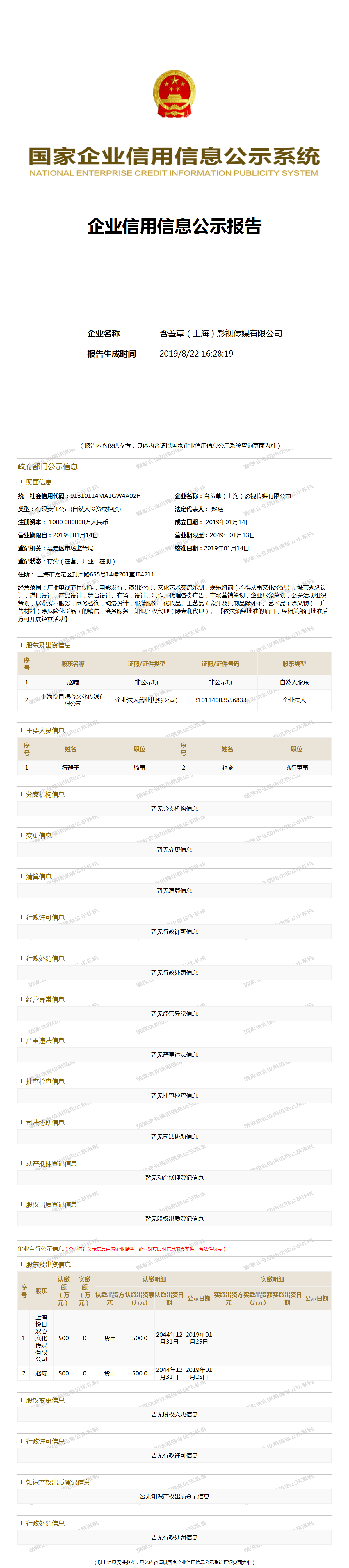 含羞草(上海)影视传媒有限公司 工商官网信息快照