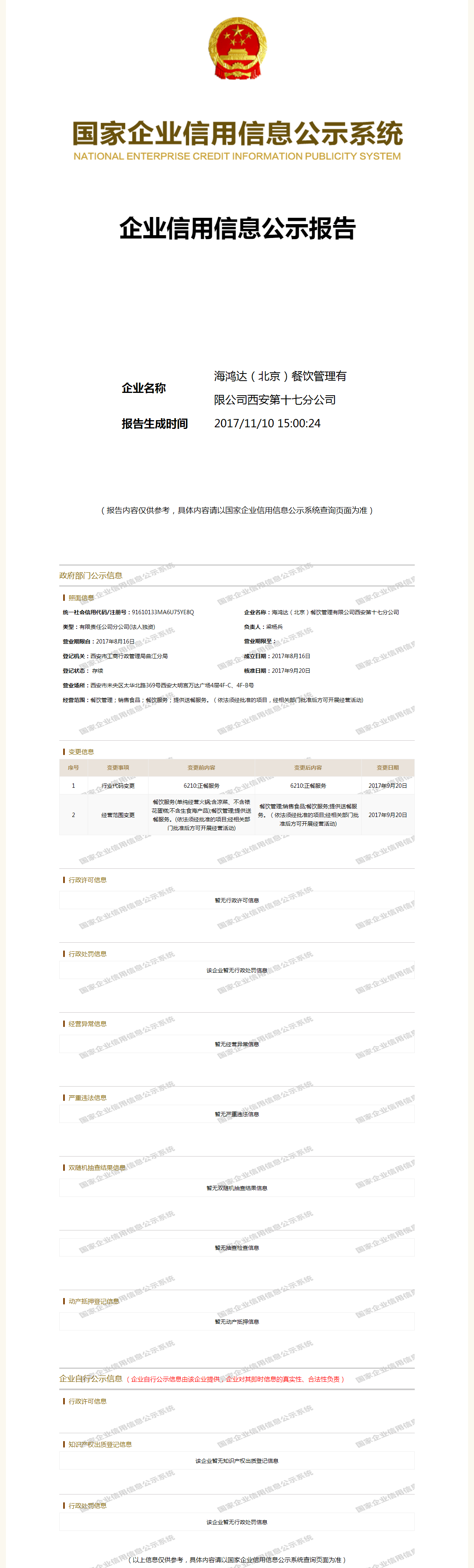 海鸿达(北京)餐饮管理有限公司西安第十七分公司 工商官网信息快照