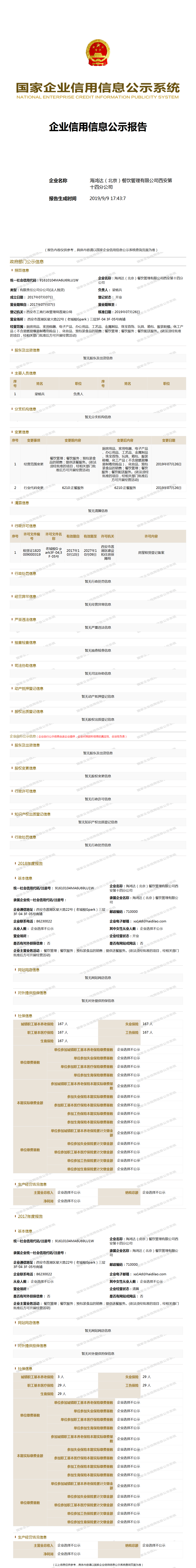 海鸿达(北京)餐饮管理有限公司西安第十四分公司 工商官网信息快照