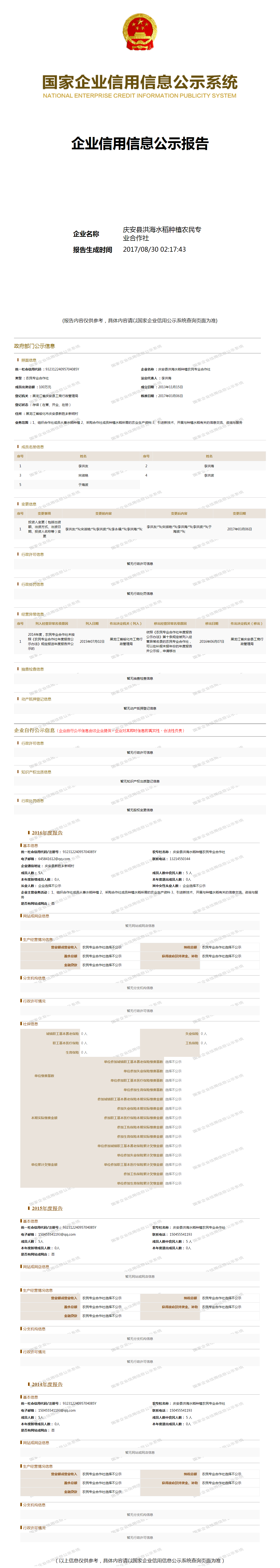 庆安县洪海水稻种植农民专业合作社 - 工商官网信息快照