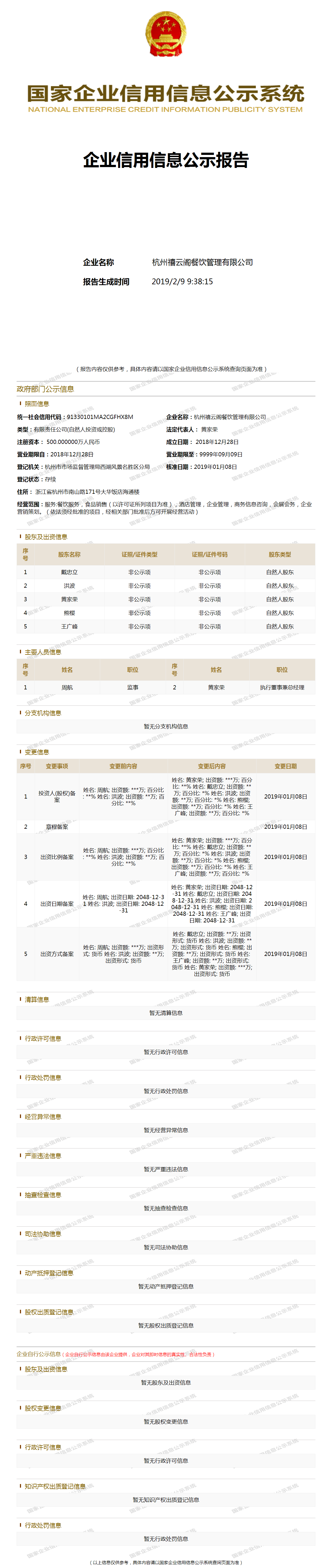 杭州禧云阁餐饮管理有限公司 工商官网信息快照