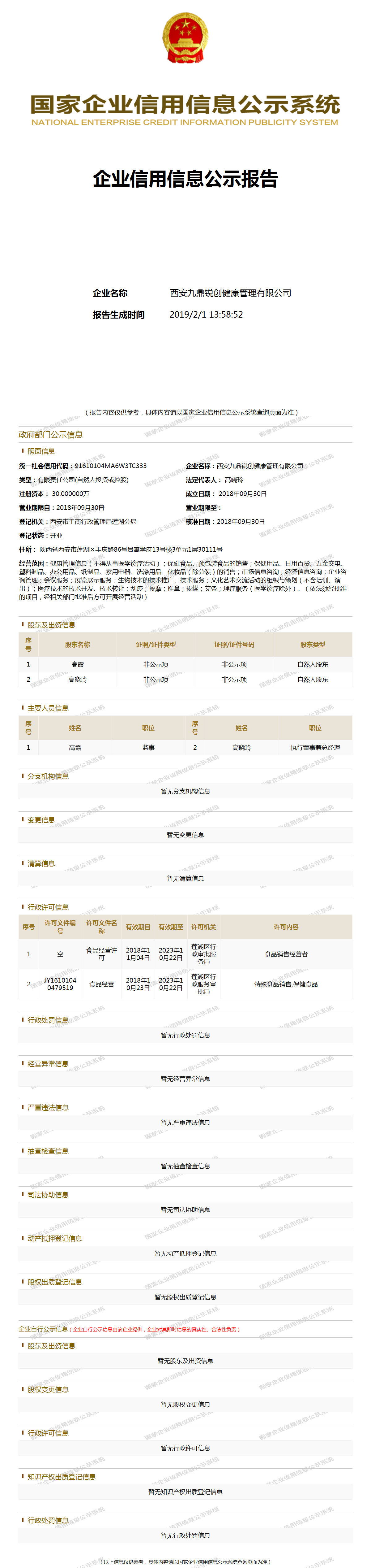 西安九鼎锐创健康管理有限公司 工商官网信息快照