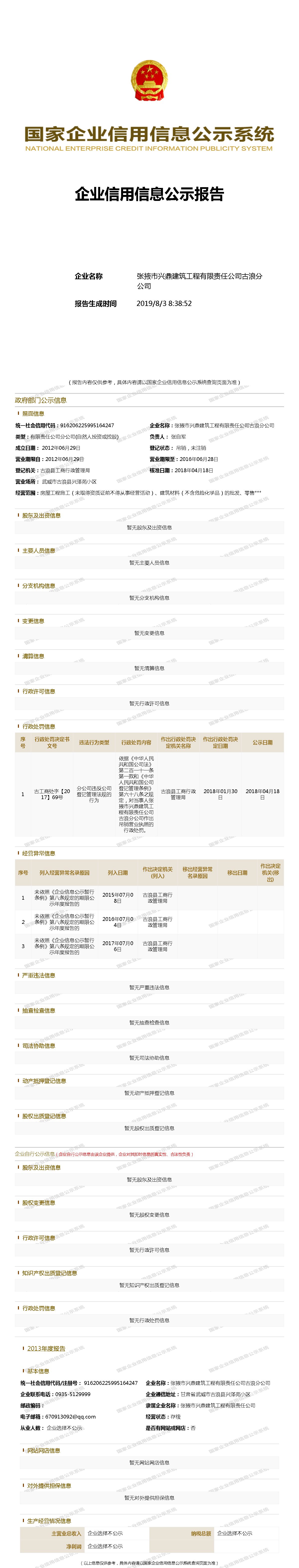 张掖市兴鼎建筑工程有限责任公司古浪分公司 - 工商官网信息快照