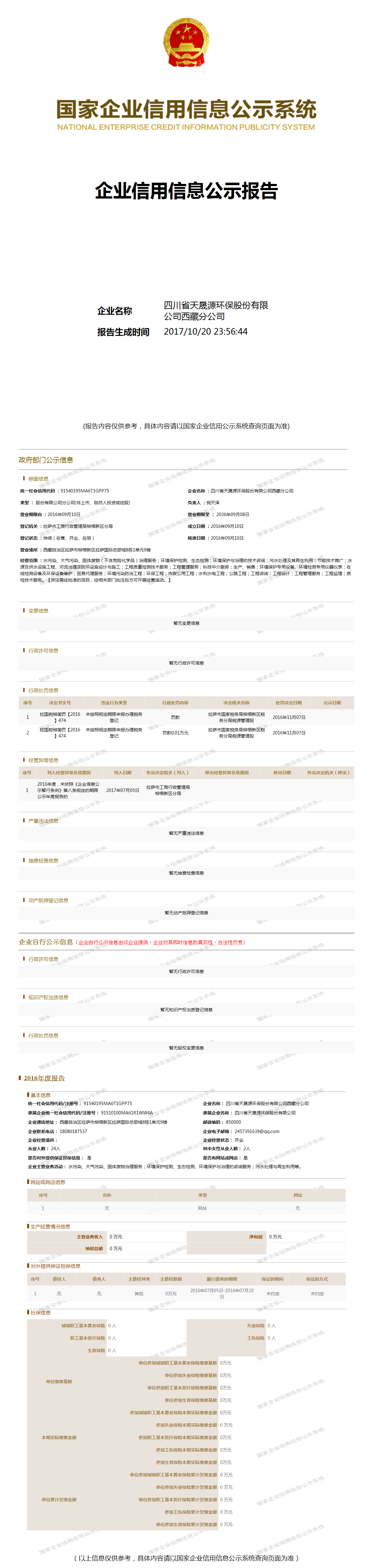 四川省天晟源环保股份有限公司西藏分公司 工商官网信息快照