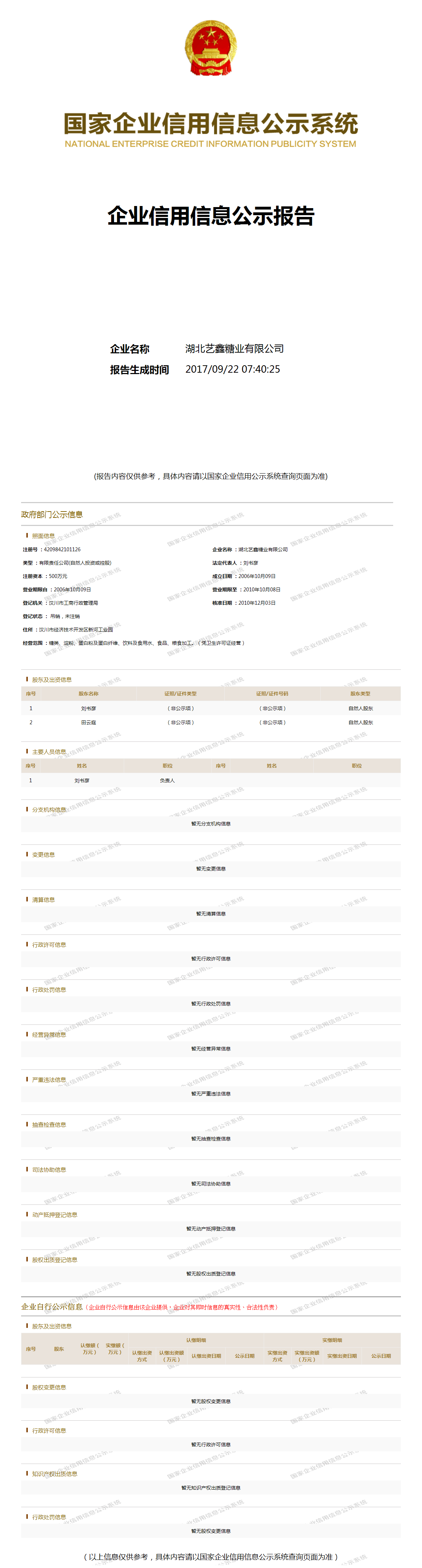 湖北艺鑫糖业有限公司 - 工商官网信息快照