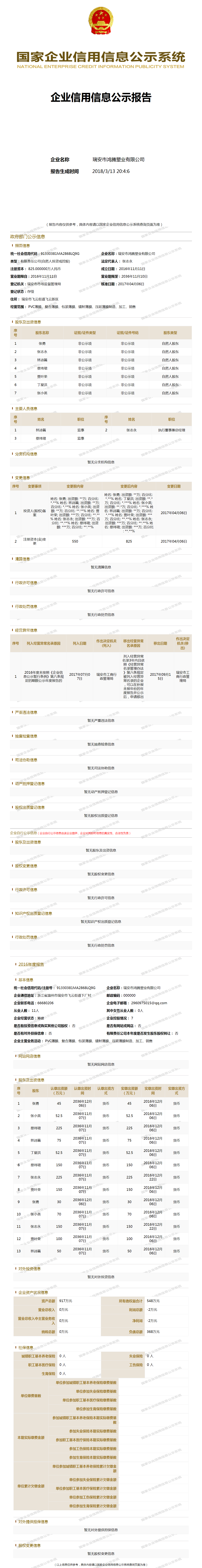 瑞安市鸿腾塑业有限公司 工商官网信息快照