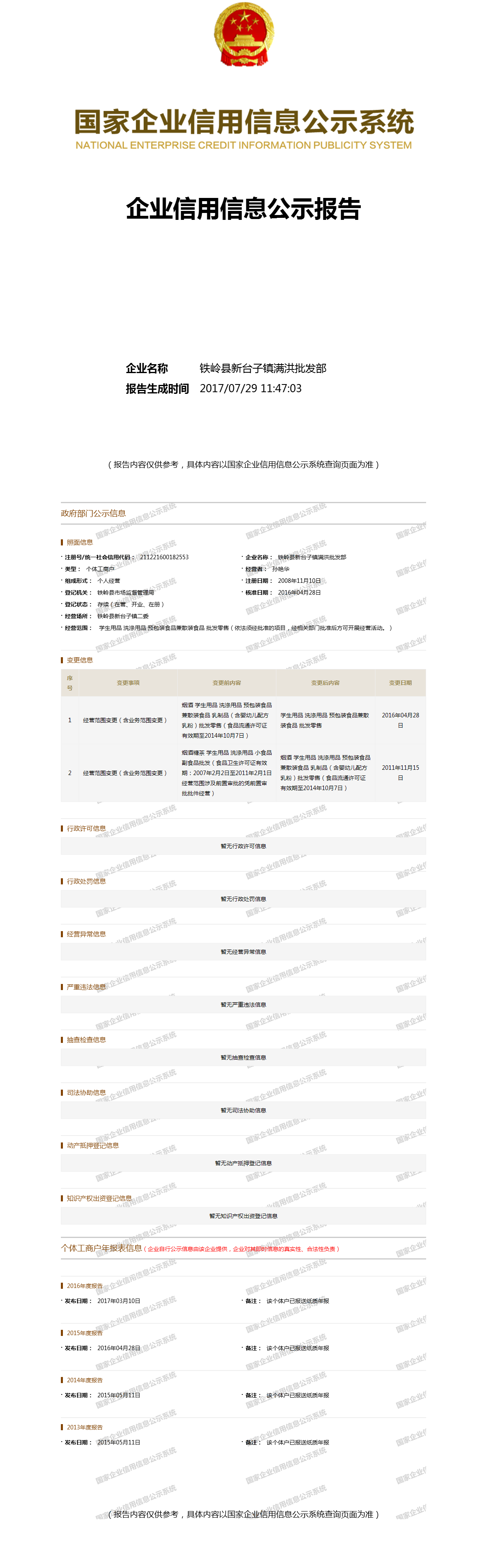 铁岭县新台子镇满洪批发部 - 工商官网信息快照